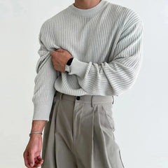 Hearujoy Mens Solid Color Threaded Round Neck Knitted Sweater Genderless Autumn Winter Fashion Casual Loose Simple Sweater Unisex