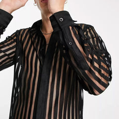 Hearujoy Mens See-Through Sexy Shirt Genderless Nightclub Print Loose Casual Striped Mesh Fashion Trendy Long-Sleeved Shirt Unisex