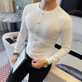 HEARUJOY - Men's New Fashion Minimalist Slim Fit Crew Neck T-shirt Unique Button Panel Design Stylish Basic Layering Top