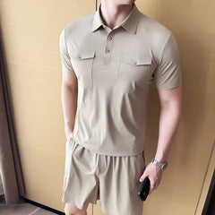 HEARUJOY - (Polo Shirt + Shorts) Plain Color Man Sets High Quality Breathable Elastic Short Sleeve Polos T Shirt And Knee Length Shorts Men