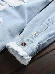 HEARUJOY - Men's Light Blue Ripped Distressed Washed Denim Long - Sleeve Shirt for Spring and Autumn