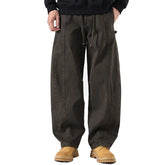 HEARUJOY - Men Vintage Washed Cotton Cargo Multi-pocket High Street Distressed Straight Tube Loose Wide-leg Workwear Trousers