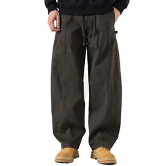 HEARUJOY - Men Vintage Washed Cotton Cargo Multi-pocket High Street Distressed Straight Tube Loose Wide-leg Workwear Trousers