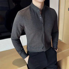 HEARUJOY - Thick woolen shirt For Men Autumn Winter Solid Color Slim Fit Warm Top High Quality Long Sleeve Stand Collar Shirt Streetwear