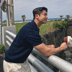 HEARUJOY - Men's Clothing Luxury Korean Popular Hollow Out Polo Shirt Leisure V Neck Short Sleeve Solid Color Retro Streetwear Knitwear