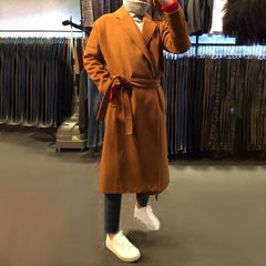 Hearujoy Mens maillard Mid-Length Knee-Length Woolen Coat Autumn Winter Trend British Elegant Temperament Loose Comfort Simple Solid Coat