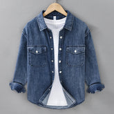 HEARUJOY - Men's Vintage Washed Denim Shirt Jacket 100% Cotton Chest Pocket Distressed Workwear Long Sleeve Casual Shirt for Spring Summer
