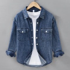 HEARUJOY - Men's Vintage Washed Denim Shirt Jacket 100% Cotton Chest Pocket Distressed Workwear Long Sleeve Casual Shirt for Spring Summer