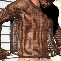 Hearujoy New Arrivals 2024 Audumn Sexy Hollow Mesh Knit T-shirts Men Streetwear Pullovers Solid Long Sleeve Crew Neck Tees Mens Clothing