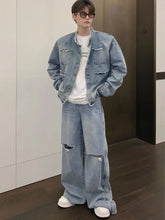HEARUJOY - Autumn Denim Set Men Denim Jacket +Wide Leg Straight Jeans Casual Loose Solid Color Korean Style Street Stand Collar 2pcs Suit