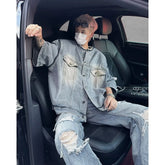 HEARUJOY - Short Sleeved Mens Denim Jackets Summer Fur Edge Retro Trend Tooling Cowboy Tops Hip Hop Multiple Pockets Shoulder Pads Shirts