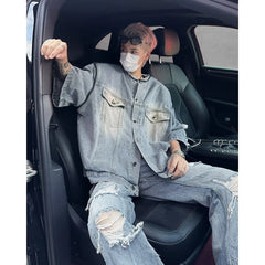 HEARUJOY - Short Sleeved Mens Denim Jackets Summer Fur Edge Retro Trend Tooling Cowboy Tops Hip Hop Multiple Pockets Shoulder Pads Shirts