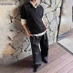 HEARUJOY - Summer New Men's Knitted Short-Sleeved Polo Shirt American Retro Fashion Trend Casual Simple Loose Breathable Niche Men's Tops