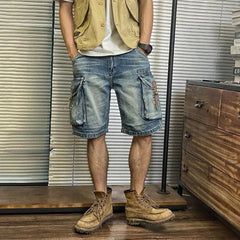 Hearujoy Men's Street Distressed Jeans Summer Fashion Workwear Retro Medium Pants Motorcycle Casual Loose Big Pocket Y2K Shorts