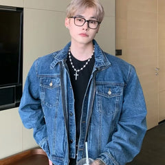 HEARUJOY - Blue Retro Denim Jacket Mens Spring Korean Washed Double Layered Collar Cowboy Coats Pockets Loose Hip Hop Outwear Y2K