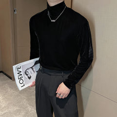 Hearujoy Autumn Winter Velvet Bottom Shirt for Men long sleeve T-shirts men clothing turtleneck casual Social streetwear pullover