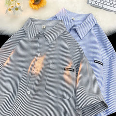 HEARUJOY - Japanese Striped Fashionable Short-sleeved Shirt Men Summer Thin Fashion Loose and Versatile Student Casual Shirt Aesthetic