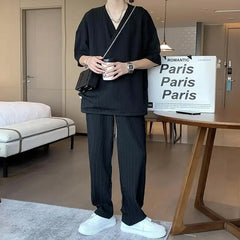 HEARUJOY - Korean Style Fashion Ice Silk Sports Suit Men's Large Size V-neck Short-sleeved T-shirt Trousers British Handsome Two-piece Set