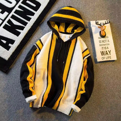 HEARUJOY - American Vintage Patchwork Striped Knitting Hoodie Men Autumn Winter Fashion Loose Hooded Sweatshirt High Street Sweater Warm