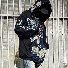 Hearujoy Cactus Jack Fashion Skull Skeleton Hoodie Zip Up Plush Hoodie Cardigan Kanye Oversized Zipper Hoodies Y2k Men Black Clothes