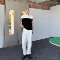 Hearujoy Korea Fashion Streetwear Spring Diagonal Lapel Tank Tops Contrasting Color Men's Women’s Sleeveless Sweater tank top men