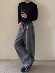 HEARUJOY - Men's Casual Pants Sword Way ey And Bla Plaid Loose Wide Leg Floor Length Spring Autumn High Waist Zipper Fly Straight Tube