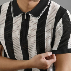 HEARUJOY - Men's Half-Zip Striped Knitted Short-Sleeved Polo Shirt American Retro Fashion Trend Casual Simple Loose Breathable Men's Tops