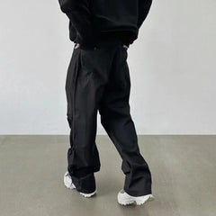 Hearujoy Nylon Quick Dry Pleated Knee Wide Leg Baggy Cargos Men's Drawstring Waist Straight Casual Trousers Y2K Oversized Loose Pants