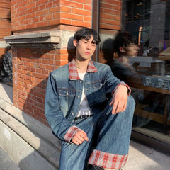 HEARUJOY - New Grid Retro Denim Two-piece Set Mens Lapel Color Blocking Street Cowboy Coats+Wide Leg Jeans Suits Hip Hop Trend Sets Unisex