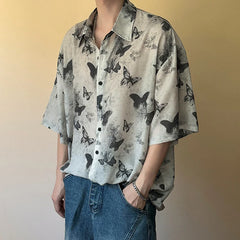 HEARUJOY - Nichre Design Men's Shirts Turn-down Collar Butterfly Printing Contrast Color Short Sleeved Single Breasted Stylish