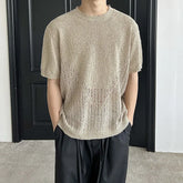 HEARUJOY - Men's Beige Textured Short Sleeve Knit Top Loose Fit Hollow Out Design Summer Casual Fashion Comfortable Knitwear