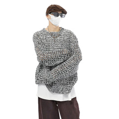 Hearujoy Mens Autumn Winter Mixed Color Sexy Hollow See-Through Long-Sleeved Knitted Sweater Essential Casual Trend Tops For Men