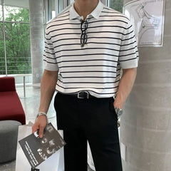 HEARUJOY - Summer Men's Clothing Leisure Light Luxury Knitted Polo Shirt Korean Striped Short Sleeve Retro Breathable Fashion Knitwear