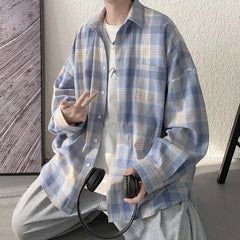 HEARUJOY - Casual Outing XL Blue Plaid Casual Top Men Plaid Long Sleeve Shirt Long Sleeve Casual Style Daily Use Shirt Lapel Neckline