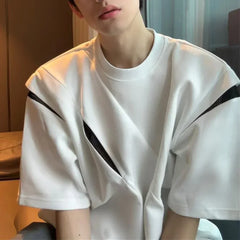 HEARUJOY - Brand New Shirt Fashion High Street Top Casual Summer Outfits Black Irregular Pattern O Neck Style Regular Length