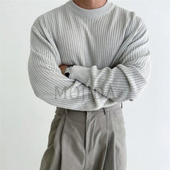 Hearujoy Mens Solid Color Threaded Round Neck Knitted Sweater Genderless Autumn Winter Fashion Casual Loose Simple Sweater Unisex