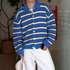 HEARUJOY - Vintage Striped Crochet Mens Sweater Jackets Casual Button-up Turn-down Collar Knit Cardigans Men Spring Autumn Fashion Sweaters