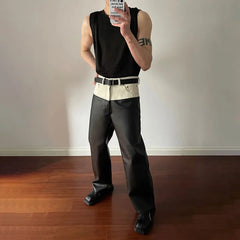 Hearujoy Mens Genderless Biker Black White Spliced Leather Pants Sexy Nightclub Contrast Color High Waisted Straight Leg Leather Pants