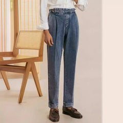 HEARUJOY - Fashion Spring Autumn Men Naples Jeans Pants British Styles Waist Buckle Vintage Trousers Business Gentleman Casual Denim Pants