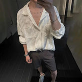 HEARUJOY - Mens Shirts Hollow Knitted Casual Shirts Spring Streetwear Fashion Thin Sexy Ballroom Long-Sleeved Tops Men'S Clothing 2025 New