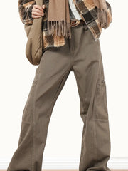 HEARUJOY - Vintage Cargo Pants For Men Cleanfit Style Straight Trousers High Street Retro Maillard Brown Multiple Pockets Casual Pants