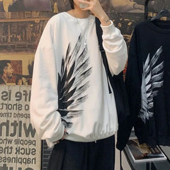 HEARUJOY - Dark Feather Wings Printed Round Neck Sweater Men's Fall Plus Size Plus Size Loose Pullover Versatile Top