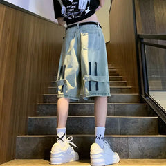 HEARUJOY - New Retro Men's Spliced button Zipper Pocket Fashionable Five-point Denim Shorts