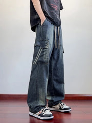 HEARUJOY - Summer Men's Jeans Flap Pockets Lightweight Denim Cargo Pants Big Size 8XL 7XL 6XL Wide Leg Baggy Jeans Straight Trousers