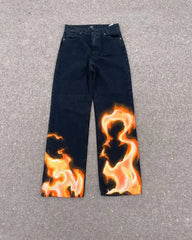 HEARUJOY - Classic Fashion Flame Print Trousers Men Y2k Goth Hip-hop Rock Punk Loose Personality High Waist Wash Oversized Jeans Women