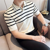 HEARUJOY - Men's Summer Ice Silk Slim Polo Shirt - Striped Knit Color-Blocked V-Neck Short Sleeve Top for Breathable Stylish Casual Wear