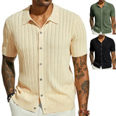 HEARUJOY - Men's Casual Top Summer Cool Knit Shirt Short Sleeve Lapel Solid Color Hollow Breathable Top