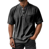 HEARUJOY - Summer Fashion Vintage Mens 100% Cotton Shirts Solid Lapel Short Sleeve Tops Casual Retro T-shirts Pullover Streetwear Male