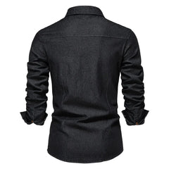 HEARUJOY - Shirts Tops Men Shirt Slim Fit Solid Turn Down Collar Full Sleeve Single Breasted Simple Button Casual Splice Regular Top
