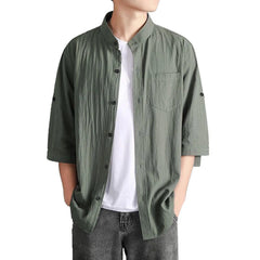 HEARUJOY - Loose Roll-Up Sleeves Men'S Button Down Shirt Men Fashion Spring Summer Casual Short Sleeve Turndown Neck Roupas Masculinas